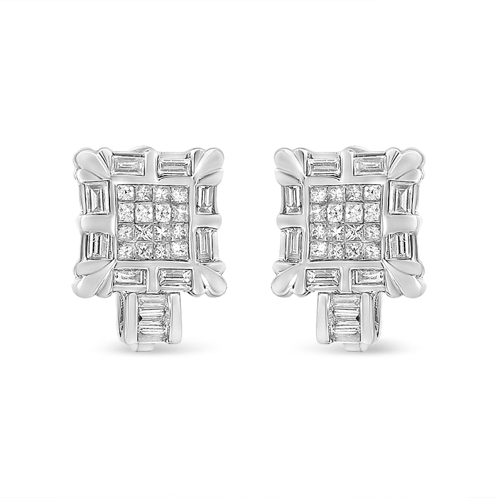 14K White Gold 1.0 Cttw Princess and Baguette-Cut Diamond Square Framed Huggie Hoop Omega Earrings (H-I Color, SI1-SI2 Clarity) Bids.com