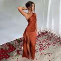 Sexy One-shoulder Backless Slit Dress Summer Elegant Slim-fit Solid Color Satin Dresses For Women Gilles Family