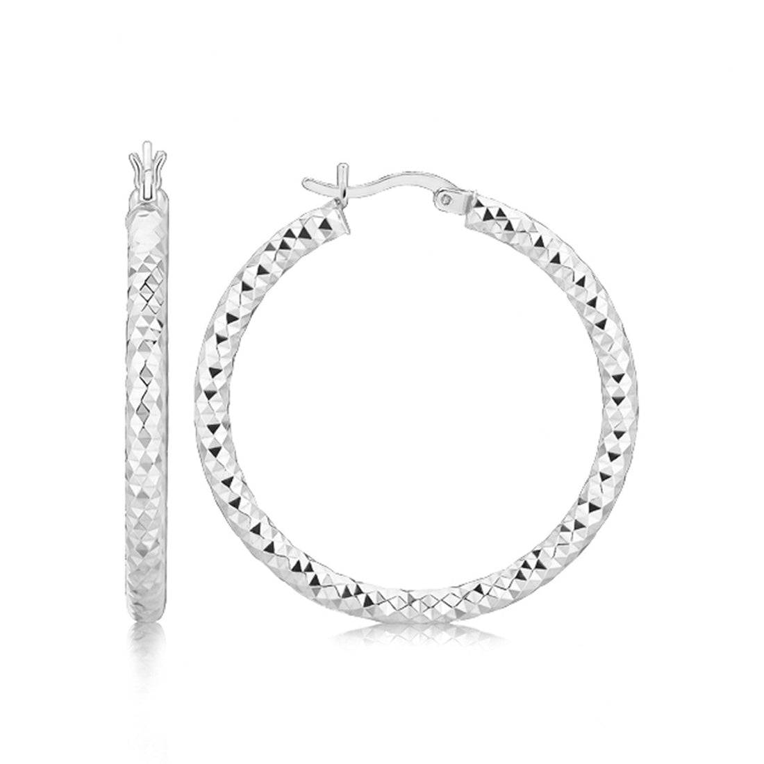 Sterling Silver Faceted Motif Large Hoop Earrings with Rhodium Plating Bids.com
