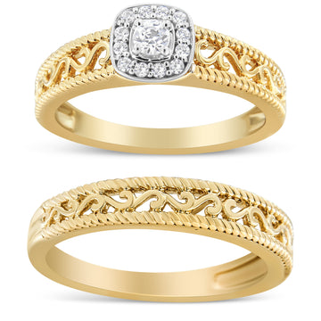 14K Yellow Gold Plated .925 Sterling Silver 1/5 Cttw Diamond Halo and Milgrain Finish Engagement Ring Bridal Set (I-J Color I3 Clarity) - Size 7 Bids.com