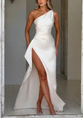 Sexy One-shoulder Backless Slit Dress Summer Elegant Slim-fit Solid Color Satin Dresses For Women Gilles Family