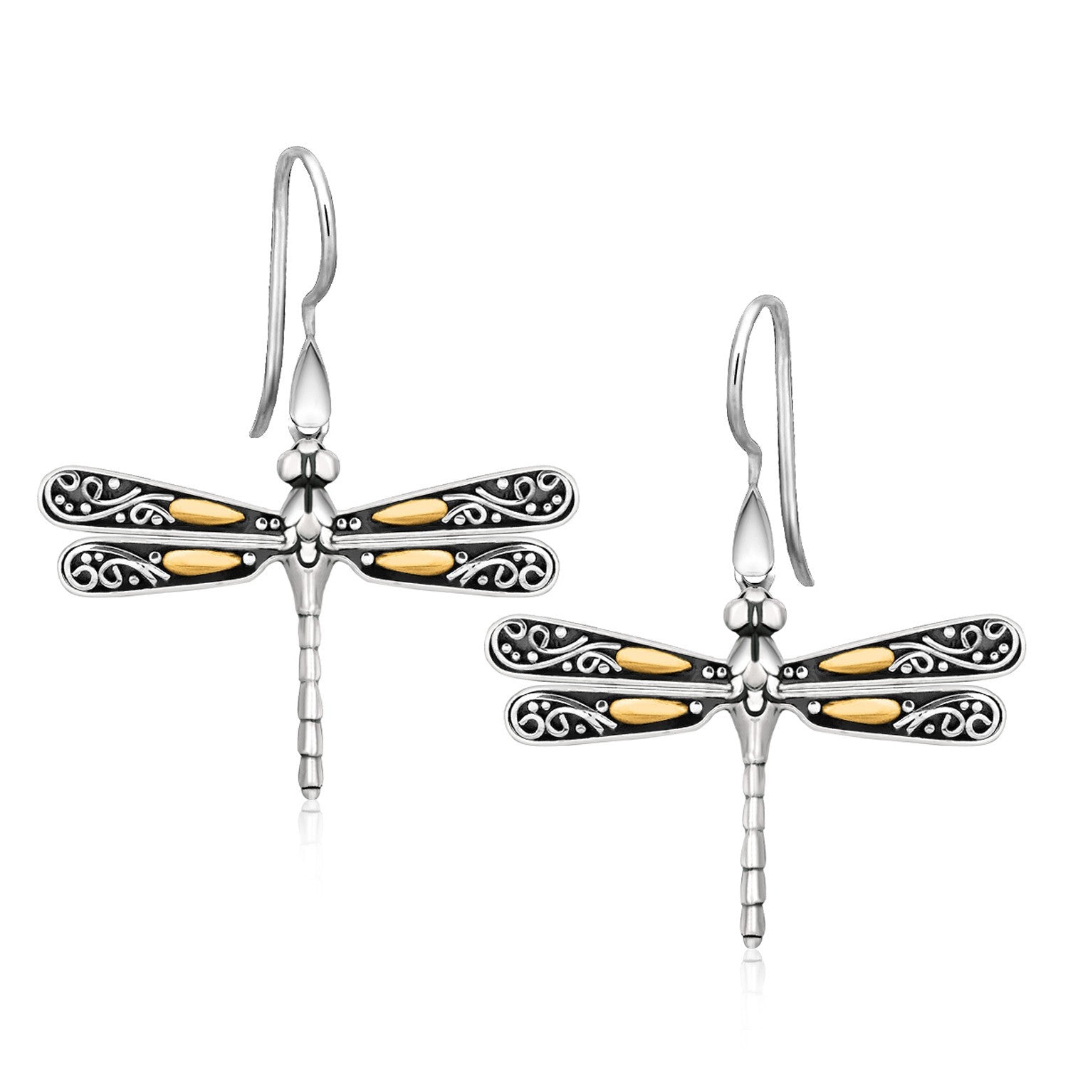 18k Yellow Gold and Sterling Silver Dragonfly Motif Drop Earrings Bids.com