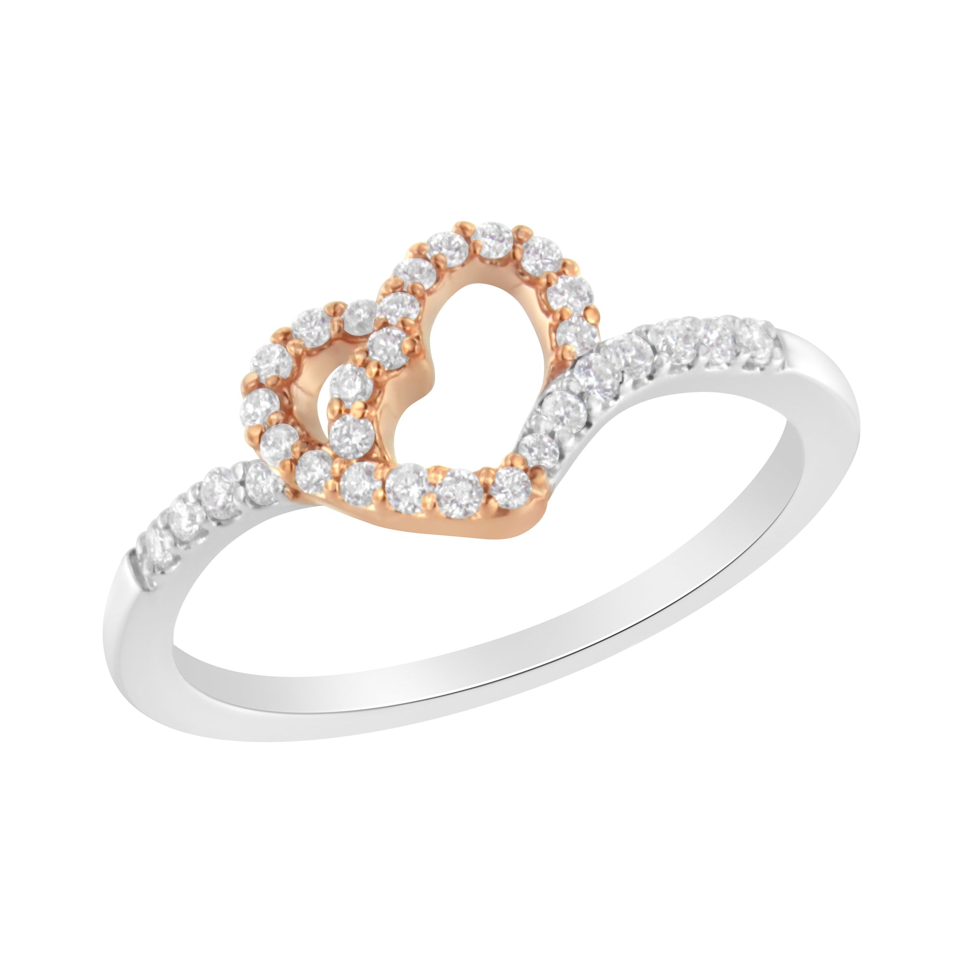 10K Rose Gold over .925 Sterling Silver 1/5 Cttw Diamond Two Tone Open Heart Promise or Fashion Ring (I-J Color, I2-I3 Clarity) - Size 6 Bids.com