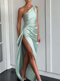 Sexy One-shoulder Backless Slit Dress Summer Elegant Slim-fit Solid Color Satin Dresses For Women Gilles Family