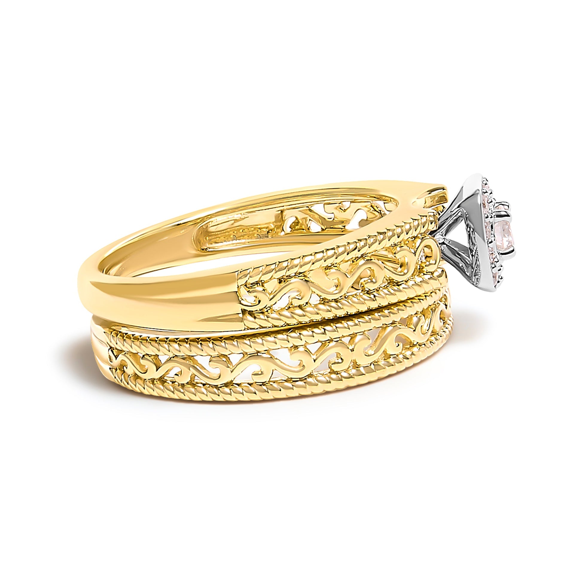 14K Yellow Gold Plated .925 Sterling Silver 1/5 Cttw Diamond Halo and Milgrain Finish Engagement Ring Bridal Set (I-J Color I3 Clarity) - Size 7 Bids.com
