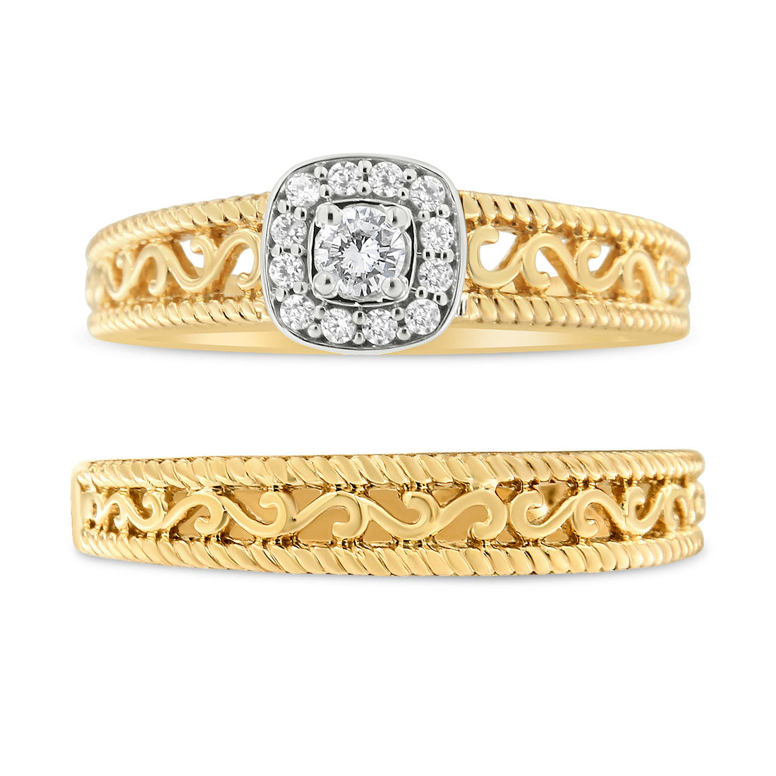 14K Yellow Gold Plated .925 Sterling Silver 1/5 Cttw Diamond Halo and Milgrain Finish Engagement Ring Bridal Set (I-J Color I3 Clarity) - Size 7 Bids.com