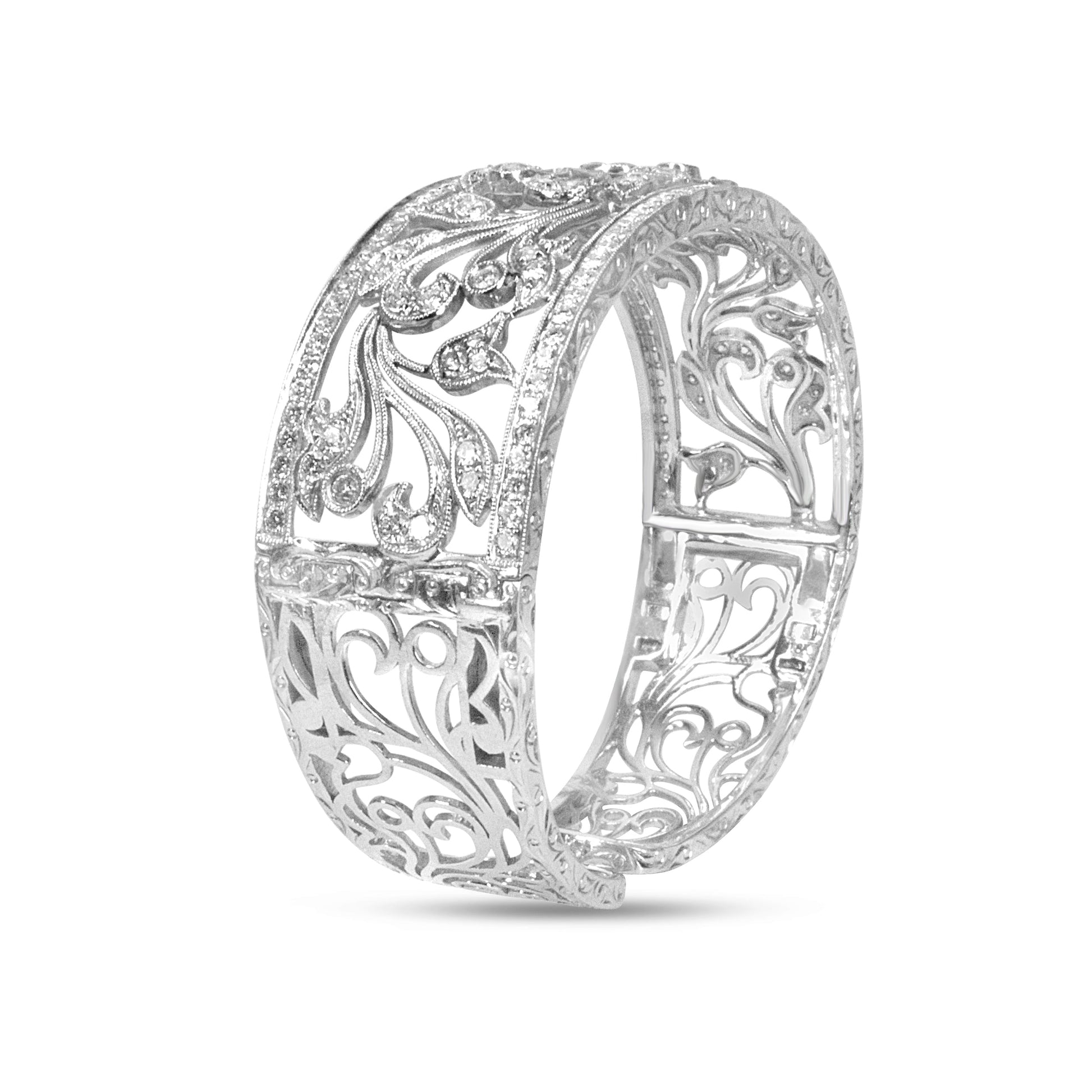 18K White Gold 3 1/4 Cttw Pave Diamond Openwork Floral Filigree Swirl Bangle Cuff Bracelet (H-I Color, VS2-SI1 Clarity) Bids.com