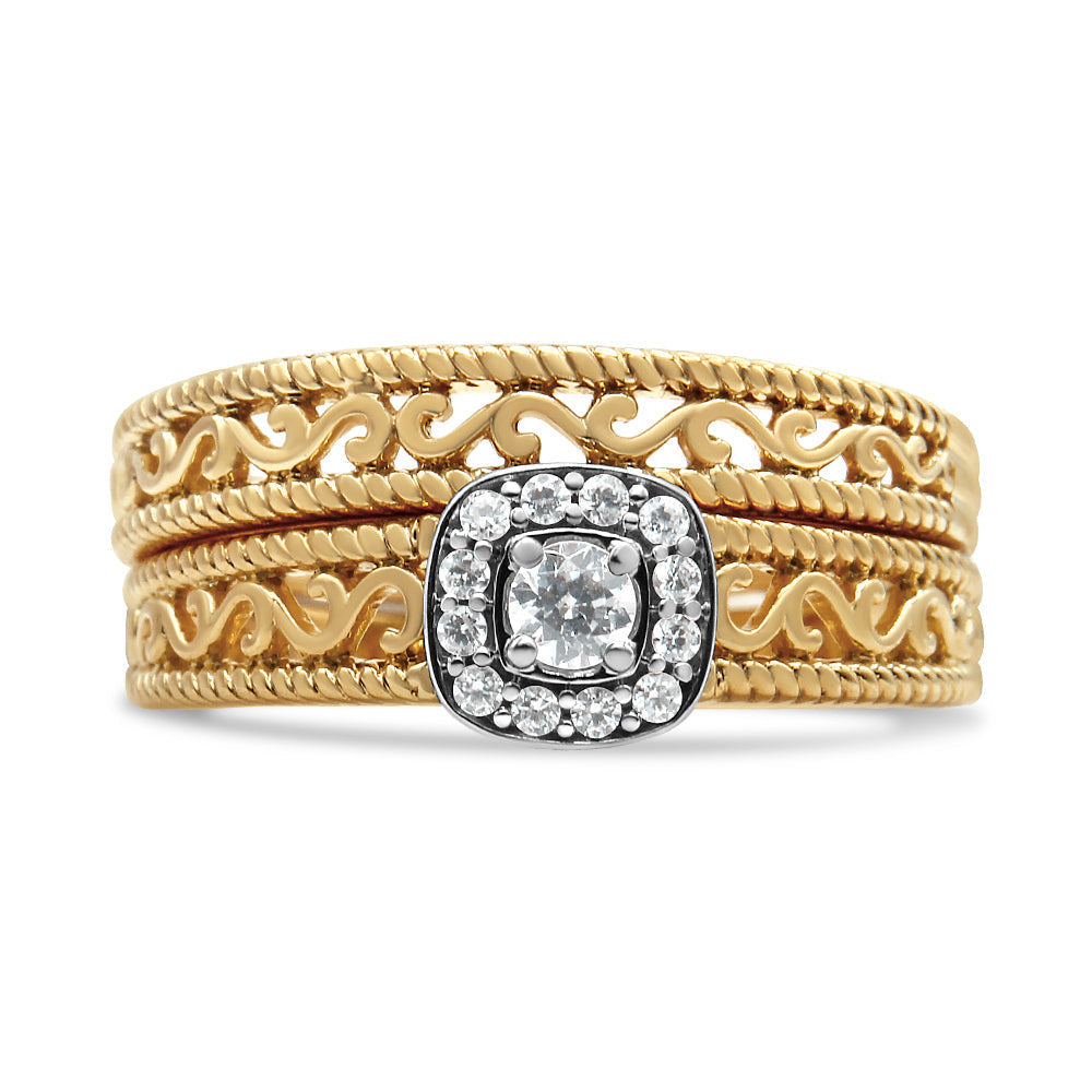 14K Yellow Gold Plated .925 Sterling Silver 1/5 Cttw Diamond Halo and Milgrain Finish Engagement Ring Bridal Set (I-J Color I3 Clarity) - Size 7 Bids.com