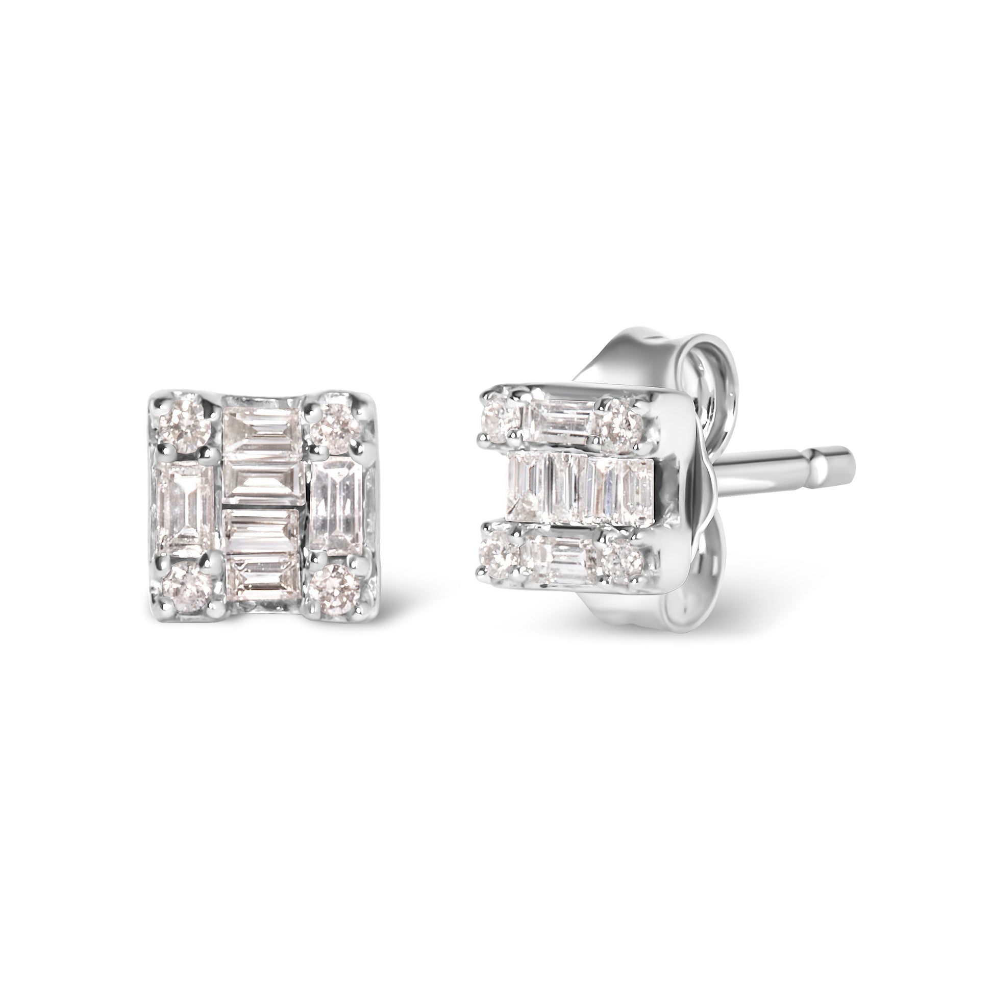 10K White Gold 1/7 Cttw Round and Baguette Diamond Mosaic Square Stud Earrings (H-I Color, I1-I2 Clarity) Bids.com