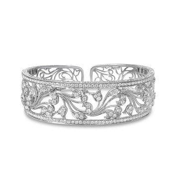 18K White Gold 3 1/4 Cttw Pave Diamond Openwork Floral Filigree Swirl Bangle Cuff Bracelet (H-I Color, VS2-SI1 Clarity) Bids.com