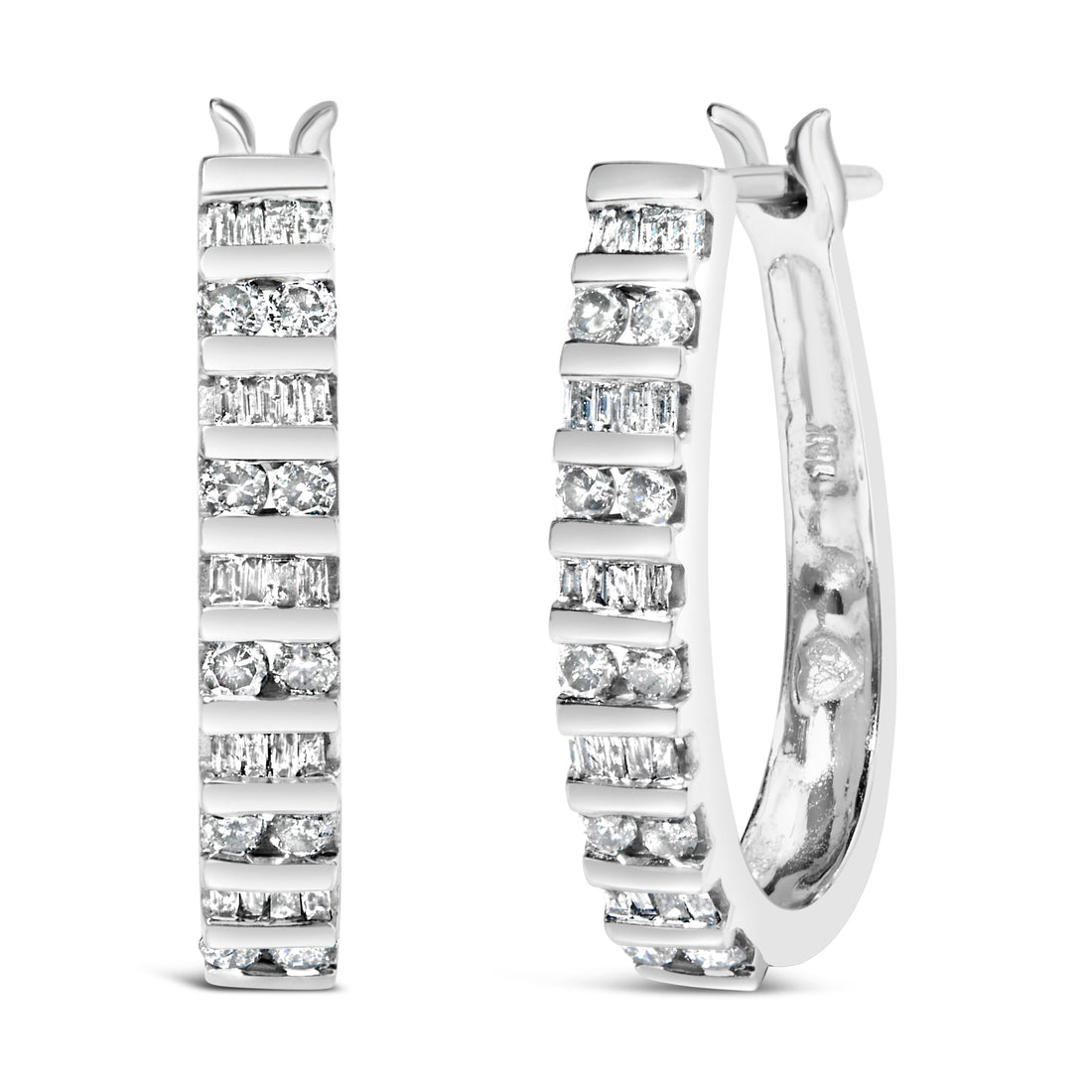 10K White Gold 1.0 Cttw Alternating  Diamond "U" Hoop Earrings (I-J Color, I2-I3 Clarity) Bids.com