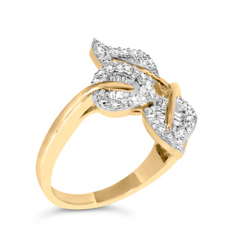 18K Yellow and White Gold Plated .925 Sterling Silver 3/8 Cttw Baguette and Round Diamond Bypass Triple Leaf Ring (I-J Color, I1-I2 Clarity) - Size 7 Bids.com
