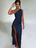 Sexy One-shoulder Backless Slit Dress Summer Elegant Slim-fit Solid Color Satin Dresses For Women Gilles Family