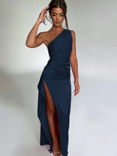 Sexy One-shoulder Backless Slit Dress Summer Elegant Slim-fit Solid Color Satin Dresses For Women Gilles Family