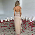 Sexy One-shoulder Backless Slit Dress Summer Elegant Slim-fit Solid Color Satin Dresses For Women Gilles Family
