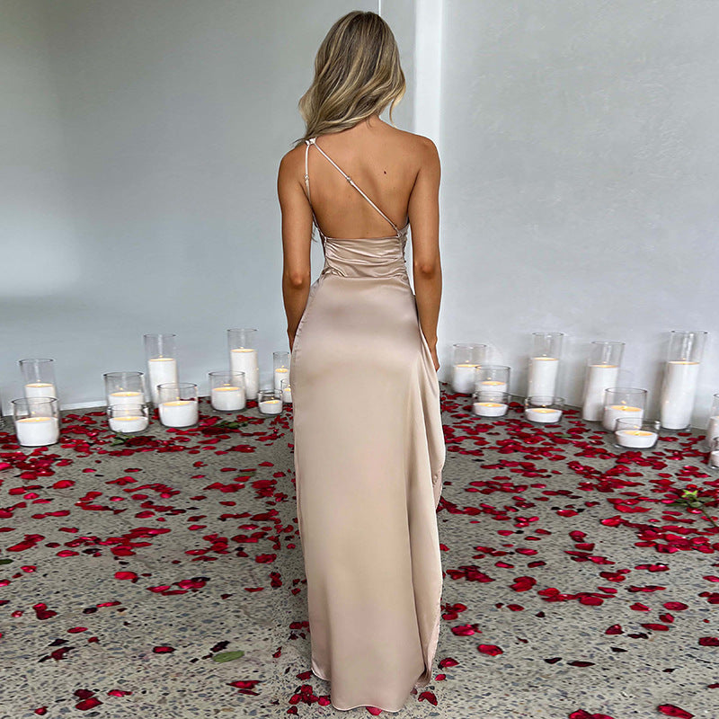 Sexy One-shoulder Backless Slit Dress Summer Elegant Slim-fit Solid Color Satin Dresses For Women Gilles Family