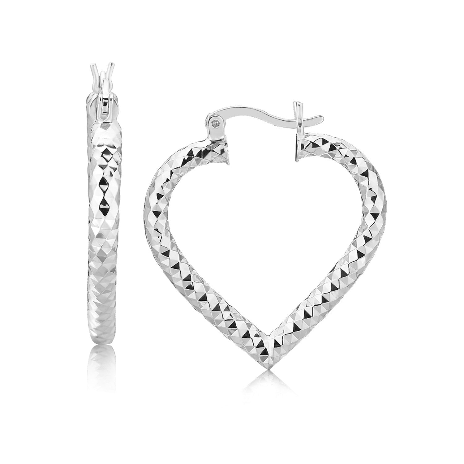 Sterling Silver Rhodium Plated Heart Style Hoop Diamond Cut Earrings Bids.com