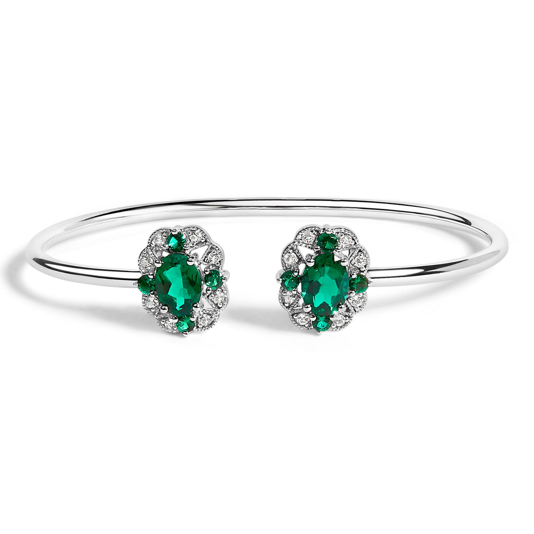Sterling Silver White Topaz and Green Emerald Floral Bangle Bracelet 6.5 Inch Bids.com