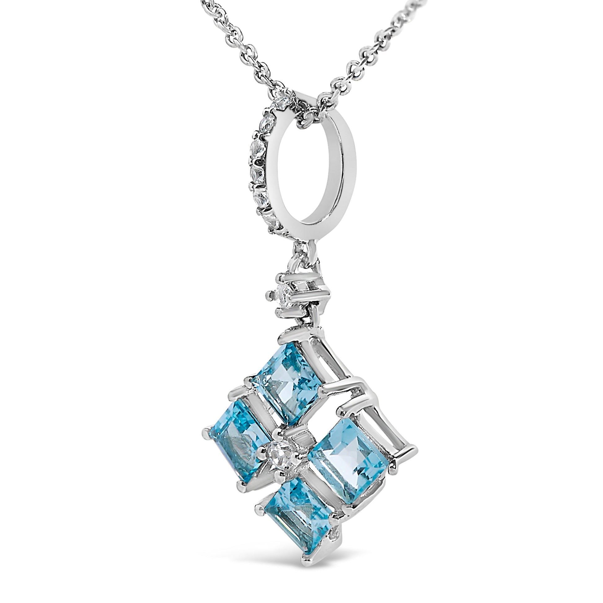 Sterling Silver Blue Topaz and White Sapphire Square Motif Pendant Necklace 18 Inch Bids.com