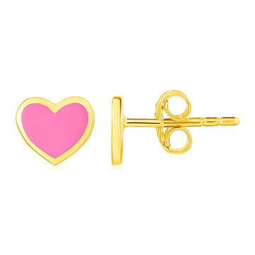 14k Yellow Gold and Enamel Pink Heart Stud Earrings Bids.com