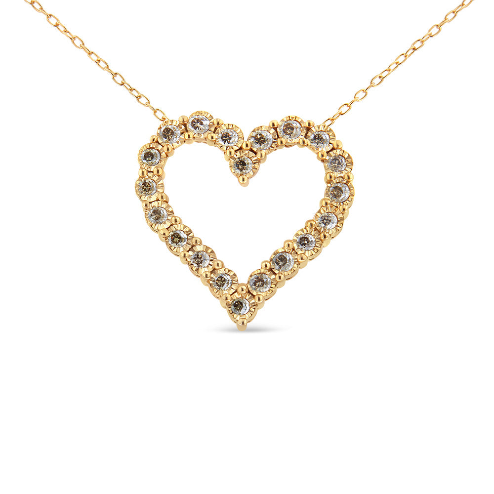 10K Yellow Gold Flashed .925 Sterling Silver 1/2 Cttw Champagne Diamond Miracle Plate Heart Pendant Necklace (K-L Color, I1-I2 Clarity) - 18" Bids.com
