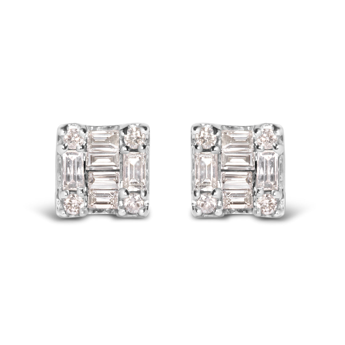 10K White Gold 1/7 Cttw Round and Baguette Diamond Mosaic Square Stud Earrings (H-I Color, I1-I2 Clarity) Bids.com