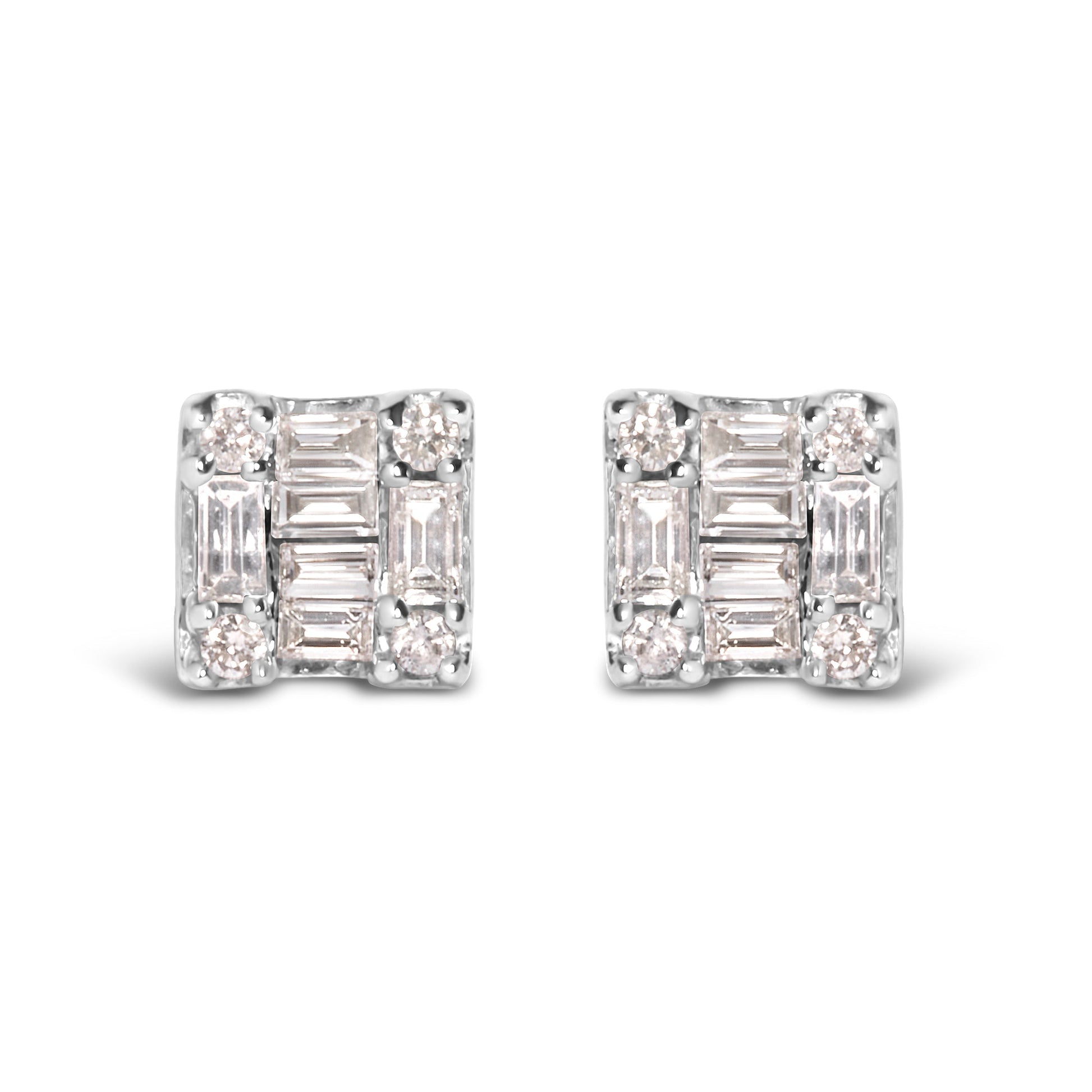 10K White Gold 1/7 Cttw Round and Baguette Diamond Mosaic Square Stud Earrings (H-I Color, I1-I2 Clarity) Bids.com