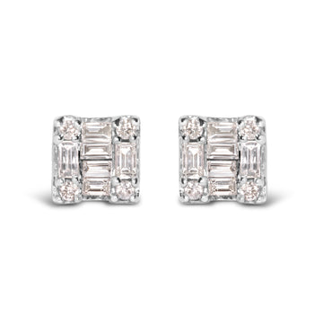 10K White Gold 1/7 Cttw Round and Baguette Diamond Mosaic Square Stud Earrings (H-I Color, I1-I2 Clarity) Bids.com