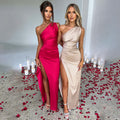 Sexy One-shoulder Backless Slit Dress Summer Elegant Slim-fit Solid Color Satin Dresses For Women Gilles Family