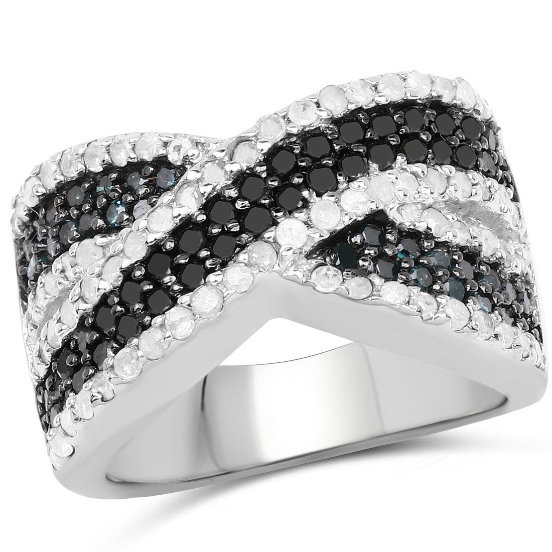 1.57 Carat Genuine Blue Diamond, White Diamond & Black Diamond .925 Sterling Silver Ring Bids.com