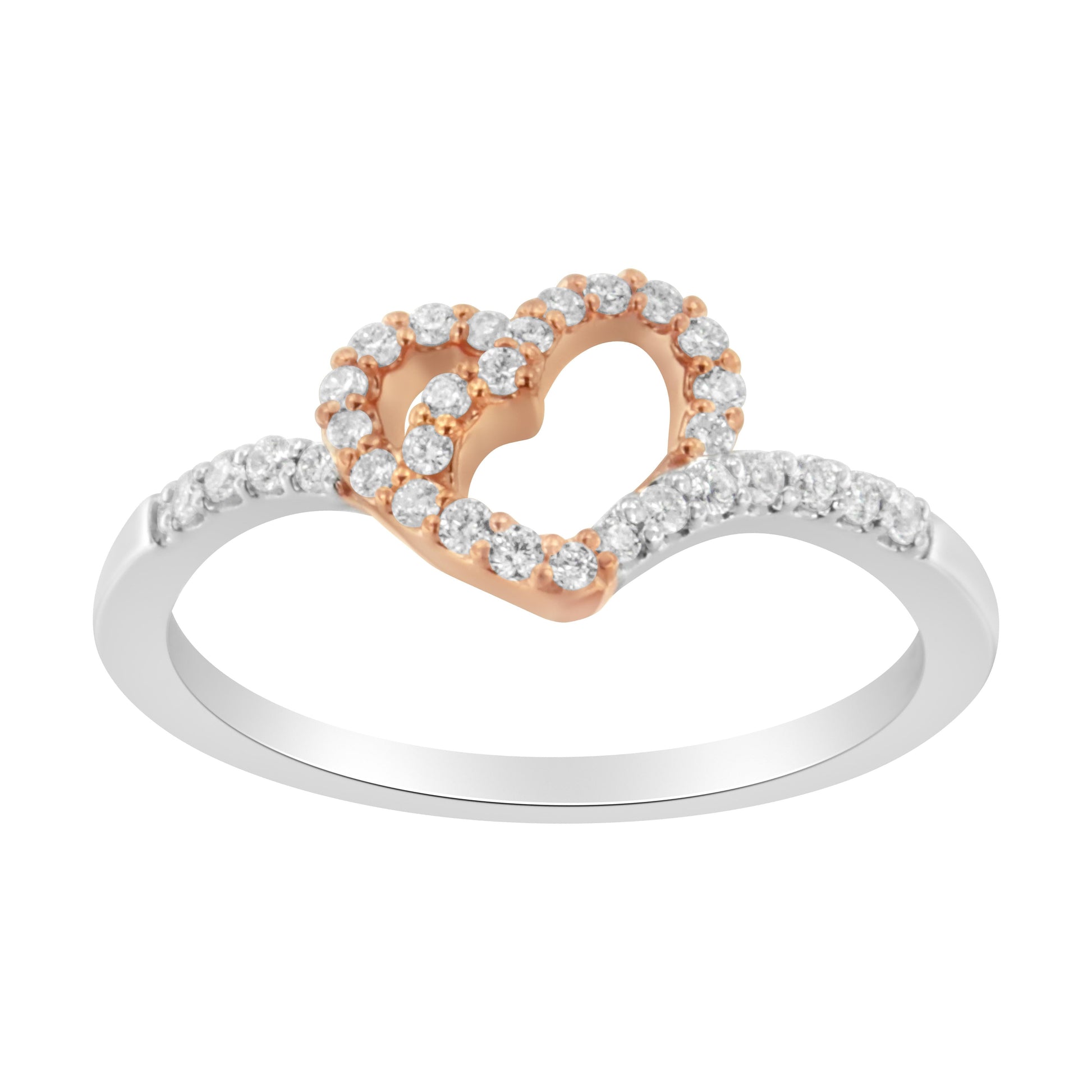 10K Rose Gold over .925 Sterling Silver 1/5 Cttw Diamond Two Tone Open Heart Promise or Fashion Ring (I-J Color, I2-I3 Clarity) - Size 6 Bids.com