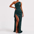Sexy One-shoulder Backless Slit Dress Summer Elegant Slim-fit Solid Color Satin Dresses For Women Gilles Family