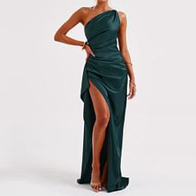 Sexy One-shoulder Backless Slit Dress Summer Elegant Slim-fit Solid Color Satin Dresses For Women Gilles Family
