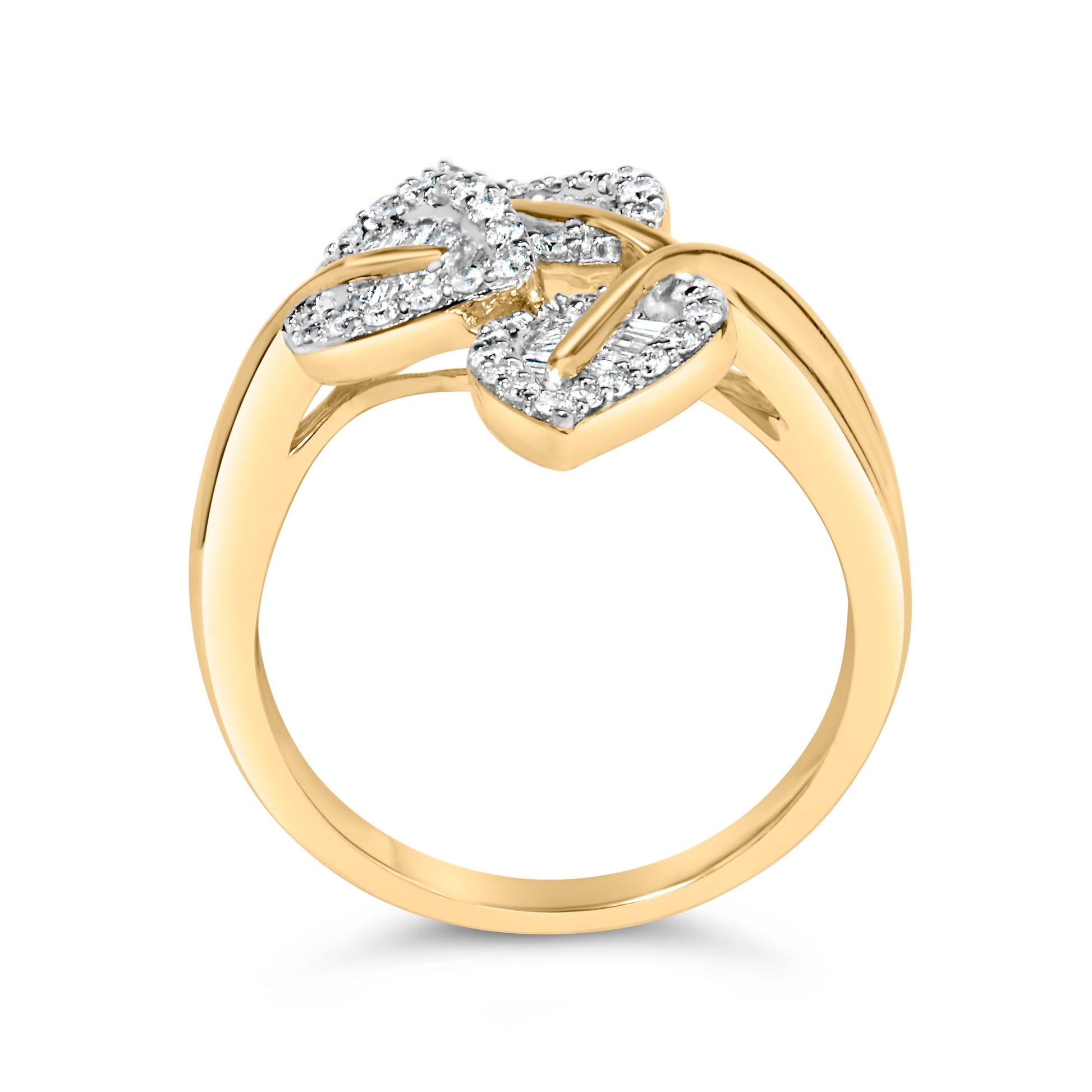 18K Yellow and White Gold Plated .925 Sterling Silver 3/8 Cttw Baguette and Round Diamond Bypass Triple Leaf Ring (I-J Color, I1-I2 Clarity) - Size 7 Bids.com