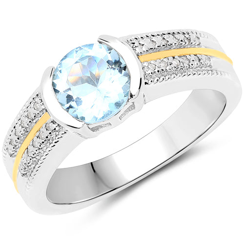 1.37 Carat Genuine Aquamarine and White Diamond 14K Yellow Gold with .925 Sterling Silver Ring Bids.com